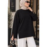 RuyaMood Kadın Siyah Modal Kumaş Yırtmaç Detaylı Bisiklet Yaka Oversize Tesettür Tunik