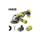 RYOBI 18 V ONE + akülü açılı taşlama makinesi, 115 mm disk çapı, 4,0 Ah akü ve şarj cihazı dahil