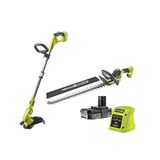 RYOBI 18 V ONE+ akülü motorlu tırpan ve akülü çalı budama makası Kombo Kit RY18LT18HTA-120 (ayarlanabilir kesim genişliği 25 – 30 cm, 55 cm bıçaklı çalı makası, 24 mm kesme kalınlığı, 1 x 2,0 Ah ve