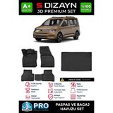 S-Dizayn Vw Caddy 3D Pro Havuzlu Paspas ve Bagaj Havuzu Seti (2'li Set) 2020 Üzeri A+ Kalite - Siyah