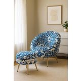 S Home Design Concept Bleu Blanc Desenli Mavi Beyaz Kadife Kumaş Dekoratif Silindir Koltuk Berjer Puf Takım Set
