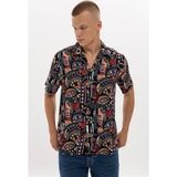 S-Ponder Erkek Göz Desenli %100 Viskon Kısa Kollu Gömlek - Çok Renkli - 2XL