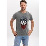 S-Ponder Erkek Panda Pilot Tasarımlı Bisiklet Yaka %100 Pamuklu Tişört - Gri