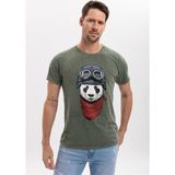 S-Ponder Erkek Panda Pilot Tasarımlı Bisiklet Yaka %100 Pamuklu Tişört - Haki