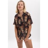 S-Ponder Kadın Vintage Kurukafa Desenli %100 Polyester Örme Kısa Kollu Gömlek - XL - Renkli