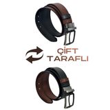 S.S SÜZER DERİ Kahverengi / Siyah Çift Taraflı Suni Deri 4 cm. Genişlik Dönerli Tokalı Spor Erkek Kemer - 7110-13