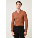 S13 Store Erkek Hakim Yaka Uzun Kollu Slim Fit Gömlek - XL - Koyu Kahve