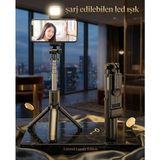 Sa-Na Port LED Işıklı Selfie Çubuğu Ve Bluetooth Kumandalı Kablosuz Selfie Stick Max 70 Cm Uzunluk - Siyah