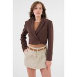 Saade Acı Kahverengi Kadın Regular Fit Kruvaze Kapama Dokuma Crop Blazer Ceket -Şık & Spor - 40