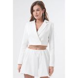 Saade Beyaz Kadın Regular Fit Kruvaze Kapama Dokuma Crop Blazer Ceket -Şık & Spor - 46