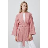 Saade Kırmızı Kadın Dikey Çizgili Geniş Kollu Şık Yazlık Relaxed Kimono