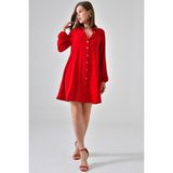 Saade Kırmızı Kadın Gömlek Yaka Ahşap Düğmeli Kolağzı Lastikli Aerobin Dokuma Tunik - Regular Fit - 50