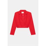 Saade Kırmızı Kadın Regular Fit Kruvaze Kapama Dokuma Crop Blazer Ceket -Şık & Spor