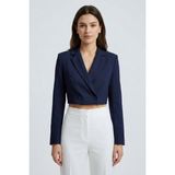 Saade Koyu Lacivert Kadın Regular Fit Kruvaze Kapama Dokuma Crop Blazer Ceket -Şık & Spor - 46