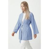 Saade Mavi Kadın Dikey Çizgili Geniş Kollu Şık Yazlık Relaxed Kimono