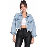 Saade Mavi Sırt Yırtık Detaylı Püsküllü Crop Denim Ceket