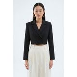 Saade Siyah Kadın Regular Fit Kruvaze Kapama Dokuma Crop Blazer Ceket -Şık & Spor - 38