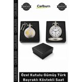 #Saat Antika Görünümlü Nostaljik Şık Tasarım Özel Kutulu Gümüş Türk Bayraklı Köstekli Saat