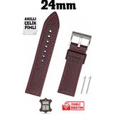 Saatse 24MM Bordo Spor Hakiki Deri Saat Kordonu Kayış Akıllı Pimli - 24 mm