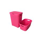 Saban 2'li Set Hasır Desenli Plastik Pembe Çamaşır Sepeti & Pembe Çamaşır Selesi