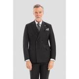 Sabri Özel Erkek Siyah Dar Kesim Slim Fit Yünlü Kruvaze Sivri Yaka 6 Drop Takım Elbise - 48 - 001Siyah