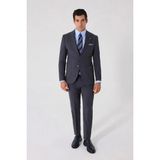 Sabri Özel Gri Slim Fit %100 Yün Mono Yaka Çizgili Çift Yırtmaçlı 6 Drop Takım Elbise - 46 - 248-Gri