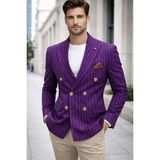 Sabri Zengin Erkek Çizgili Kruvaze Slim Fit Blazer Ceket - 52 - Mor