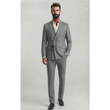 Sabri Zengin Erkek Ekose Desenli Slim Fit Kruvaze Takım Elbise - Gri - 46