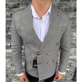 Sabri Zengin Erkek Slim Fit Ekose Desenli Kruvaze Ceket - Gri - 54