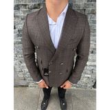 Sabri Zengin Erkek Slim Fit Ekose Desenli Kruvaze Ceket - Kahve - 54