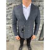 Sabri Zengin Erkek Slim Fit Ekose Desenli Kruvaze Ceket - Lacivert - 52