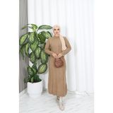 Saç Örgü Şeritli Triko Elbise - Camel - Standart