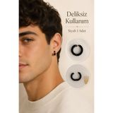 Sacce Scarves&Accessories Deliksiz Siyah Çelik Halka Küpe ve Ear Cuff Sıkıştırmalı Erkek Küpe 1 Adet