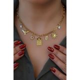 Sacce Scarves&Accessories Göz Madalyon İnci ve Kuş Charmlı Çelik Kolye Gold Renk Güneş Detaylı Choker