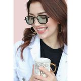 Sacce Scarves&Accessories Güneş Gözlüğü Oval Kare Tasarımlı Metal Siyah Leopar Çerçeve Açık Yeşil Cam