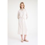 Sacrosa Keten Günlük Rahat Beli Bağcık Detaylı Uzun Kol Elbise