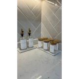 Sade Hediye 2'li Cam Mermer Stantlı Yağdanlık/6'lı Mermer Stantlı Bambu Kapaklı Etiketli Baharatlık - Ahşap - 300 ml
