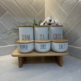Sade Hediye 3'lü Bambu Kapaklı Ahşap Standlı Çay/kahve/şeker ve 3'lü Bambu Kapaklı Tuz/biber/baharat Takımı - 1 lt