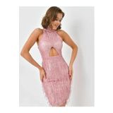 SADE-ŞIK HARİKA UÇUK PEMBE PULLU ELBİSE BEL PENCERELİ