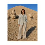 Safari Kadın Oversize Kot Gömlek Çift Cepli Bölmeli Denim Gömlek Uzun Kollu