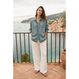 Safari Kadın Oversize Kot Gömlek Çift Cepli Denim Gömlek Uzun Kollu
