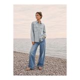Safari Kadın Oversize Kot Gömlek Çift Cepli Denim Gömlek Uzun Kollu