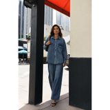 Safari Kadın Oversize Kot Gömlek Çift Cepli Kapaklı Denim Gömlek Uzun Kollu
