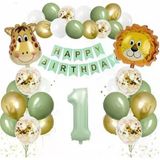 Safari Temalı 1 Yaş Doğum Günü Balon Seti, Aslan Zürafa Folyo Balon, Rakam Balon, Happy Birthday Pankartı