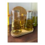 safestore Çift Bölmeli Bambu Altlıklı 2 Adet 900 Ml Bambu Kapaklı Borosilikat Cam Yağdanlık Sirkelik