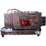 Safir Çay Kazanları 3 Demlikli Bakır Çay Ocağı Türkiyem Yazılı Türk Bayrak Model 3 Gözlü Bakır Çay Kazanı Elektrik + Tüplü Bakır Çay Semaveri Ets Sistemli