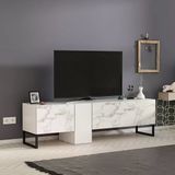 Saga T0016 Kapaklı, Metal Ayaklı, Modern Tv Sehpası Beyaz/Beyaz Mermer