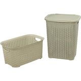 Sağlam Plastik Rattan Hasır Görünümlü Kirli Çamaşır Sepeti- Çamaşır sepeti 2'li Set Çölbeji - Krem