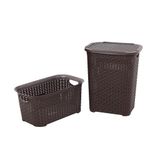 Sağlam Plastik Rattan Hasır Görünümlü Kirli Çamaşır Sepeti- Çamaşır sepeti 2'li Set - Kahverengi