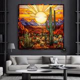 Saguaro Kaktüs Kanvas Tablosu, Vitray Tarzı Sonoran Arizona Çöl Resmi, Güneybatı Sanatı - 120 x 120 - Çok Renkli
